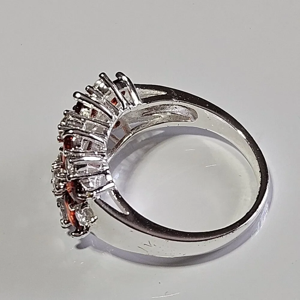 Sterling Silver Orange & Clear Rhinestone Flower Ring Sz 7.5